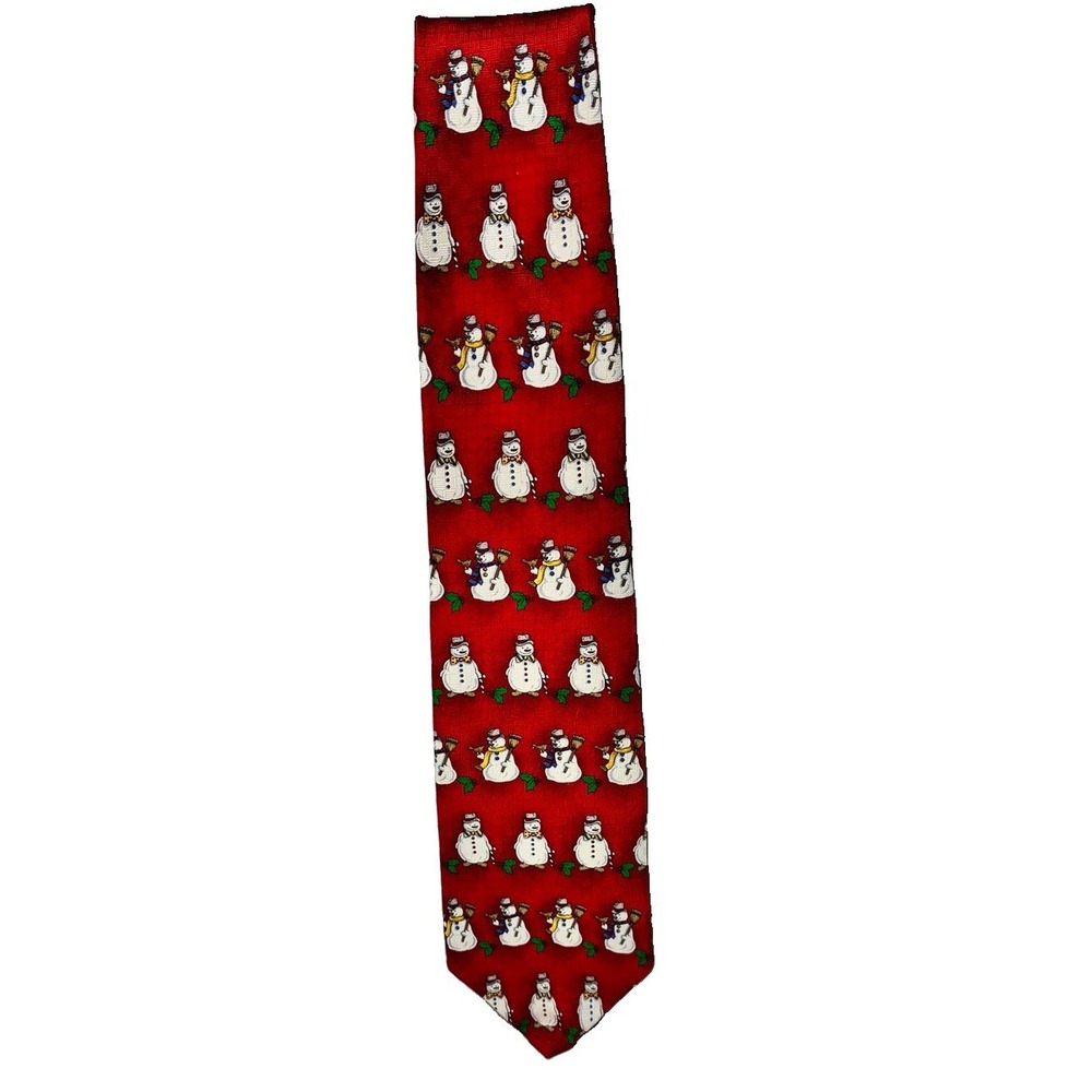 UNBRANDED SNOWMAN NECKTIE MENS TIE 100% SILK RED WITH WHITE SNOWMEN 59L / 4 W